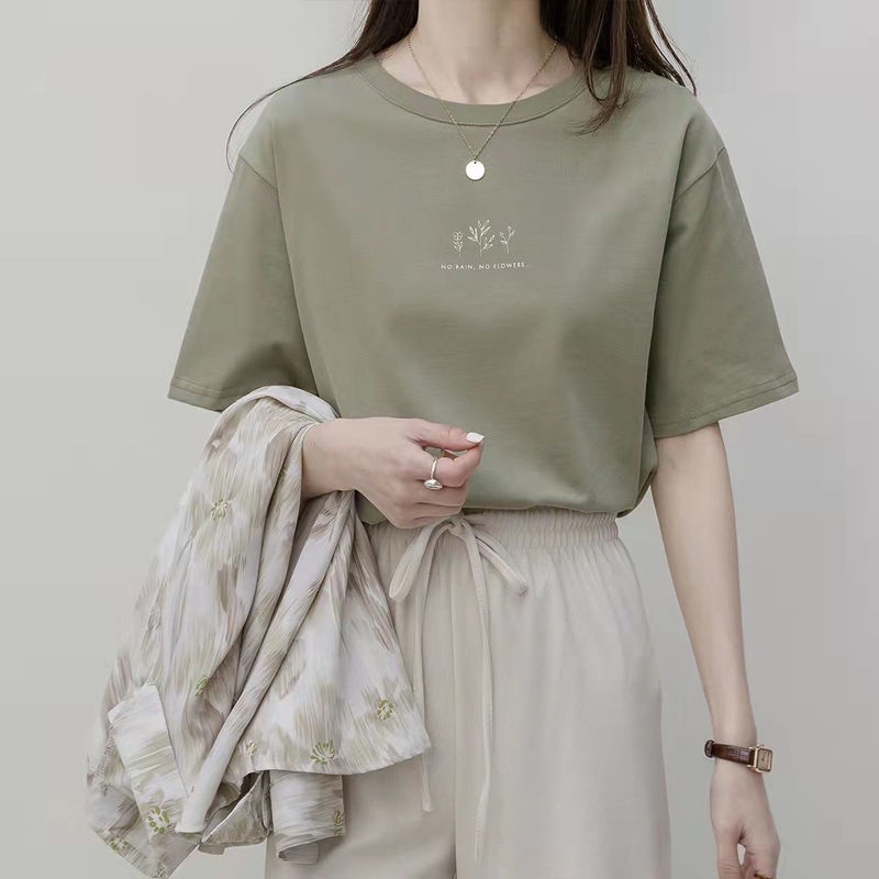 【TBB】韓版圓領短袖t恤女 夏季短袖上衣 休閒T恤 寬鬆植物印花含棉白色ins超火短袖上衣 學生半袖上衣 多色可選擇