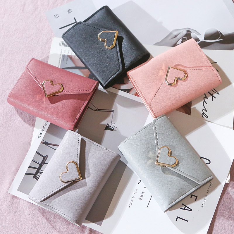 Korean Style Women's Short Wallet PU Leather Wallet Fashion PU Small Wallet Portable Women's Simple Wallet Cute Heart Folding Wallet With Metal Buckle Premium Tri-fold Clutch