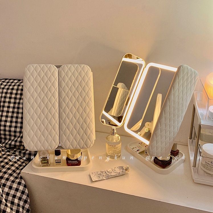 Shell Double Door led Makeup Mirror With Light Storage Box Integrated Desktop Foldable Adjustable Student