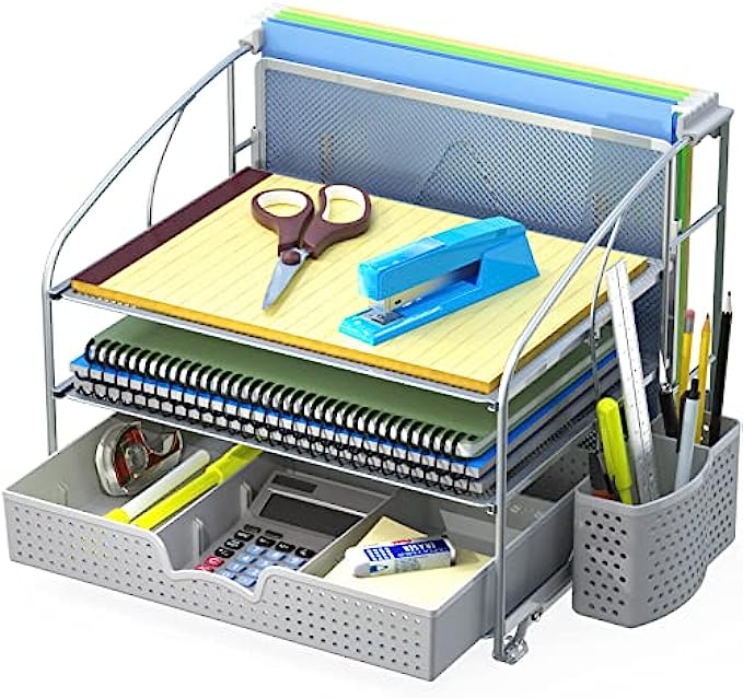 SimpleHouseware Desk Organizer 3 Tray w/Sliding Drawer, Hanging File Holder and Pen Holder Accessory, Silver